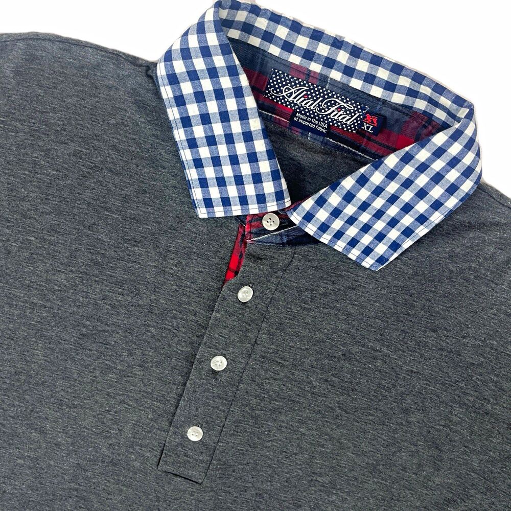 Alial Fital Golf Polo Men’s XL Gray and Checked Collar/Plaid Contrast USA